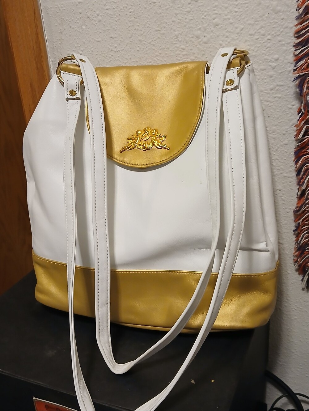 Vintage Style White & Gold Convertible Shoulder Bag Backpack | Cherub Emblem